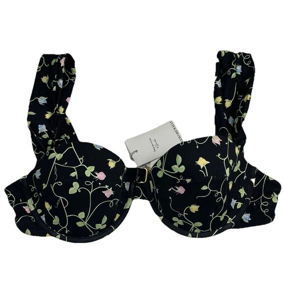 WeWoreWhat Bikini Top XL Underwire Wide Pleat Straps Black Rose Bud NWT Romantic - Picture 1 of 6